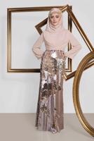 Tesettür giyim PUDRA  ALVİNA  ETEĞİ PUL PAYETLİ ABİYE ELBİSE 5586