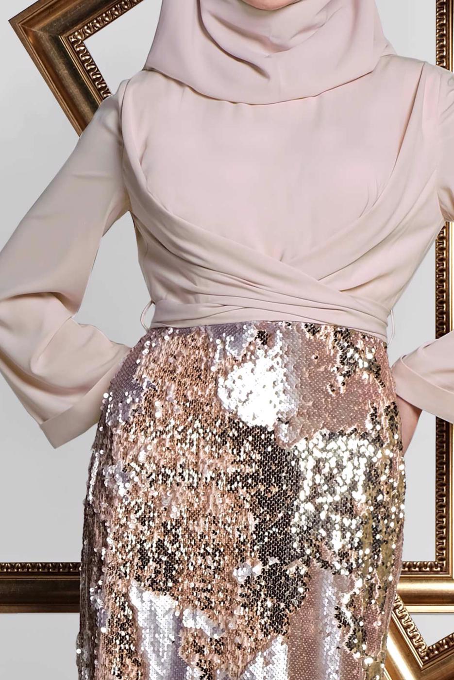 Tesettür giyim PUDRA  ALVİNA  ETEĞİ PUL PAYETLİ ABİYE ELBİSE 5586