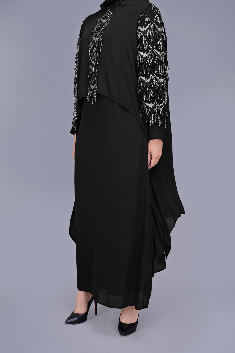 Tesettür giyim SİYAH ALVİNA PUL PAYET DETAYLI İKİLİ ELBİSELİ ABİYE 5602  