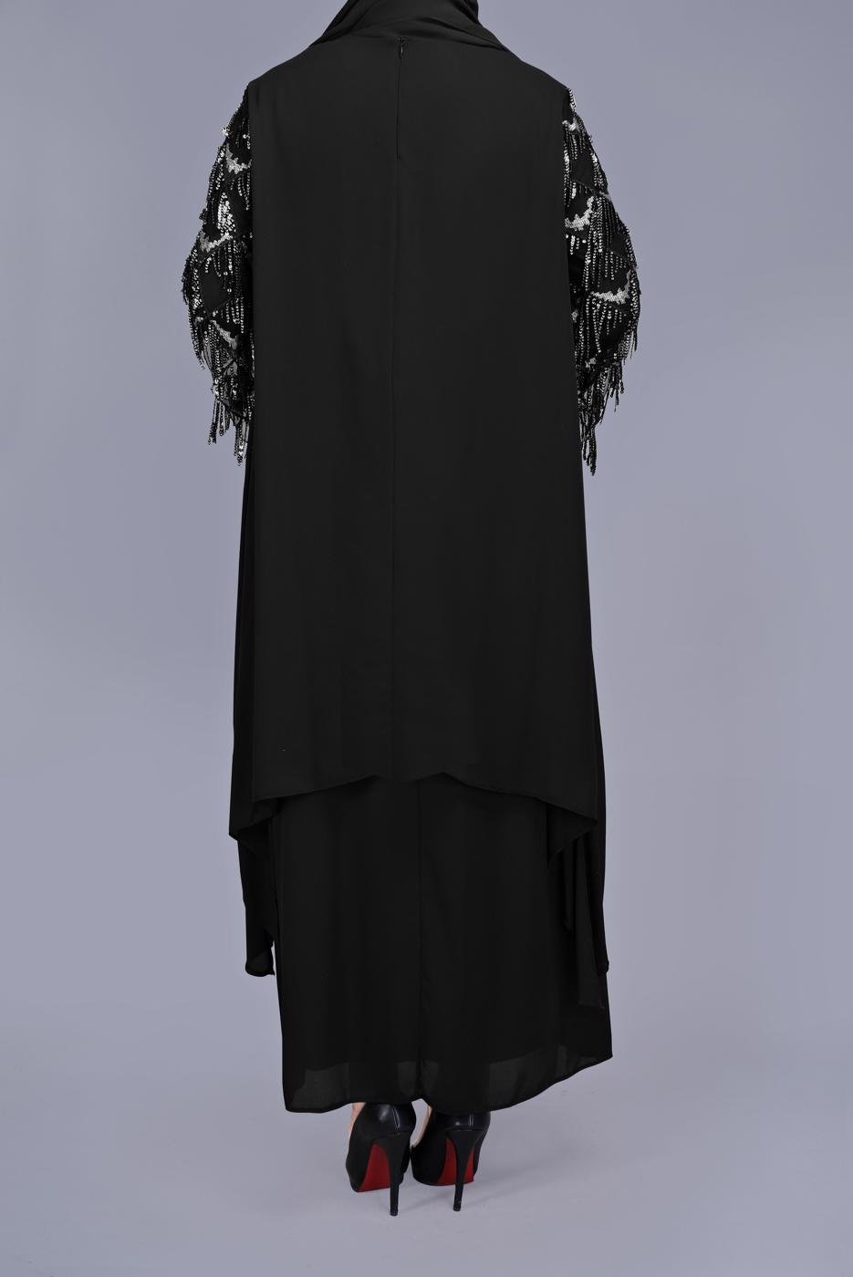 Tesettür giyim SİYAH ALVİNA PUL PAYET DETAYLI İKİLİ ELBİSELİ ABİYE 5602  