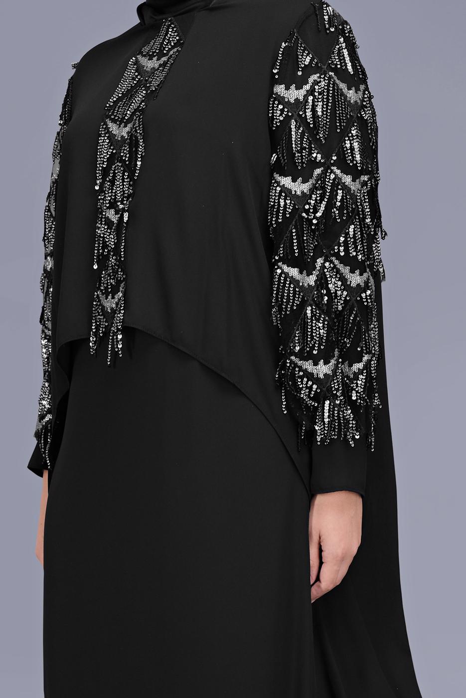 Tesettür giyim SİYAH ALVİNA PUL PAYET DETAYLI İKİLİ ELBİSELİ ABİYE 5602  