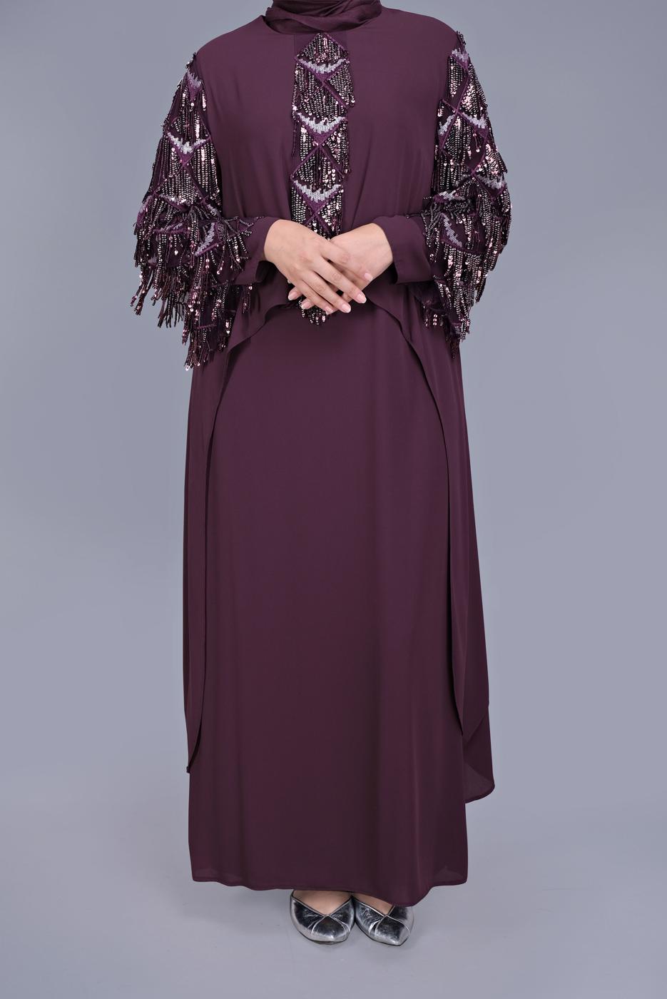Hijab clothing PLUM SEQUIN DETAIL 2-PIECE EVENING DRESS 5602  