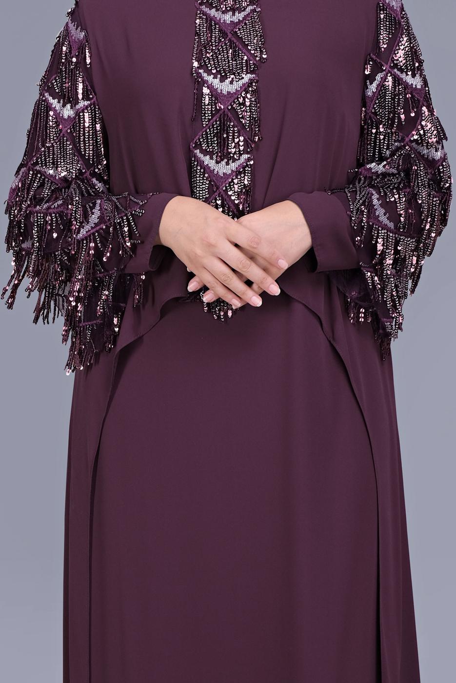 Tesettür giyim MÜRDÜM ALVİNA PUL PAYET DETAYLI İKİLİ ELBİSELİ ABİYE 5602  