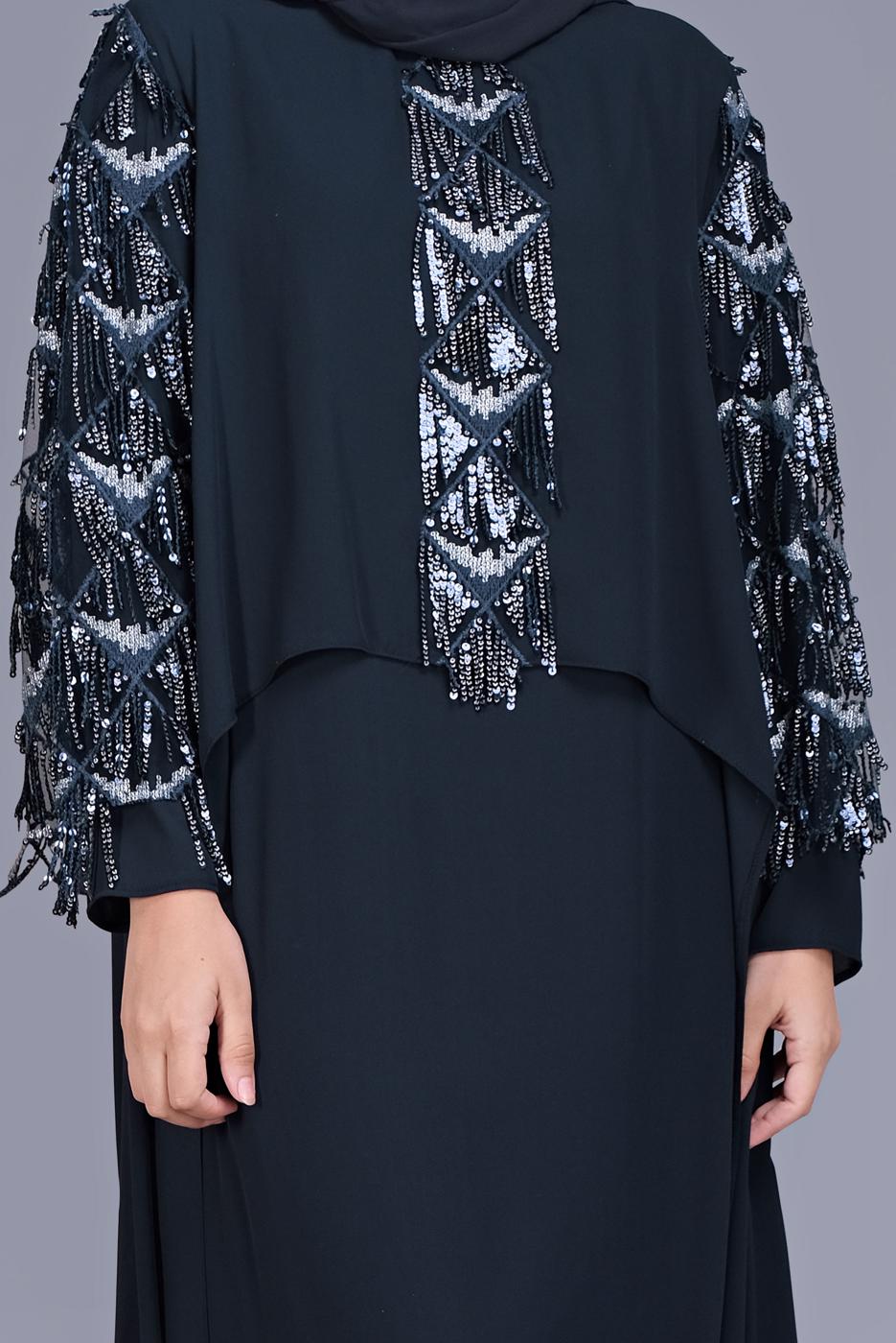 Tesettür giyim LACİVERT ALVİNA PUL PAYET DETAYLI İKİLİ ELBİSELİ ABİYE 5602  