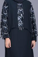 Tesettür giyim LACİVERT ALVİNA PUL PAYET DETAYLI İKİLİ ELBİSELİ ABİYE 5602  