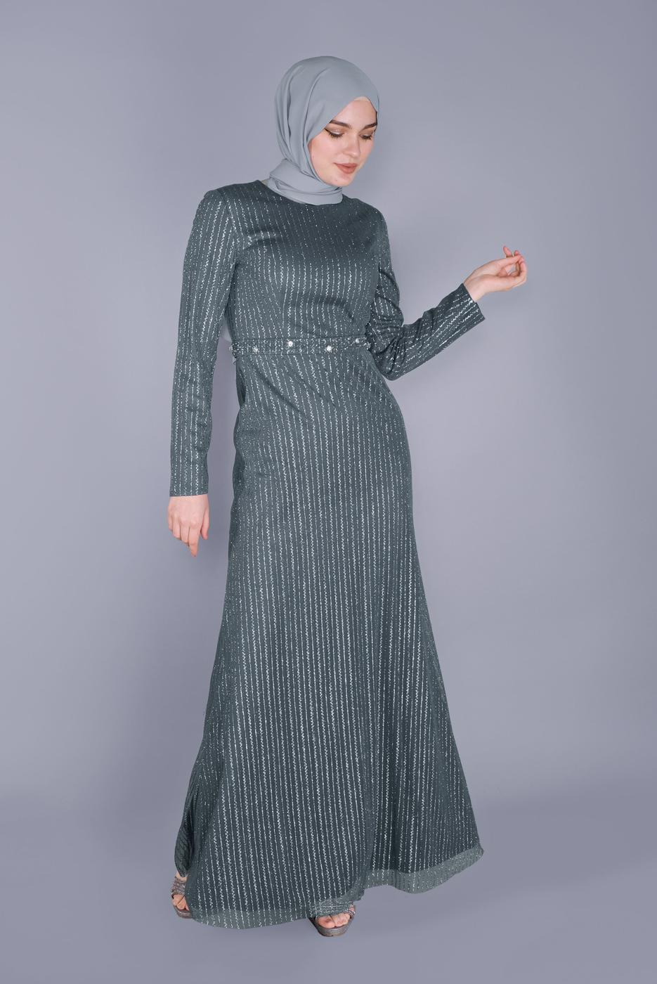 Tesettür giyim GRİ ALVİNA  BONCUK İŞLEME DETAYLI SİM KUMAŞ ABİYE 5617