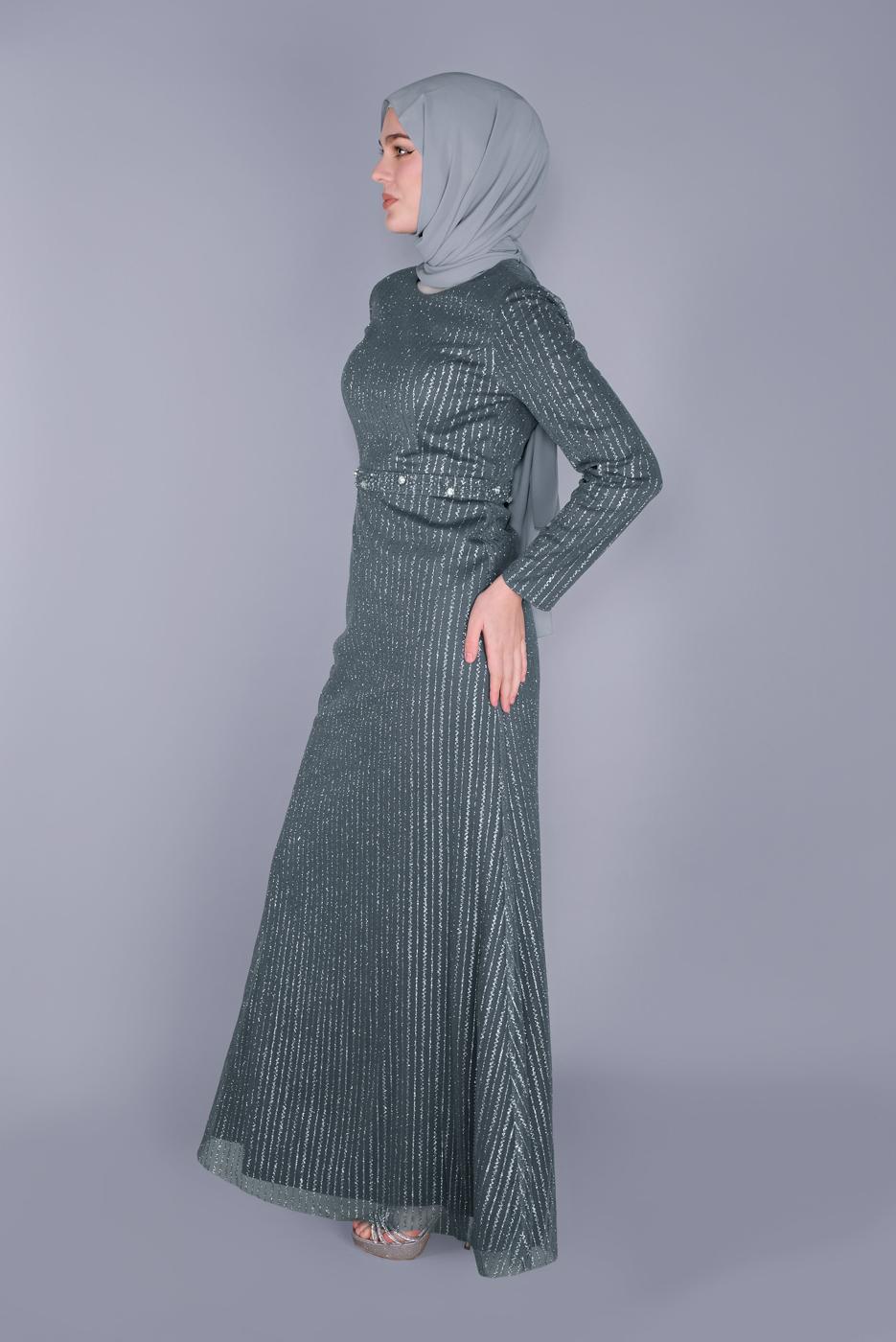 Tesettür giyim GRİ ALVİNA  BONCUK İŞLEME DETAYLI SİM KUMAŞ ABİYE 5617