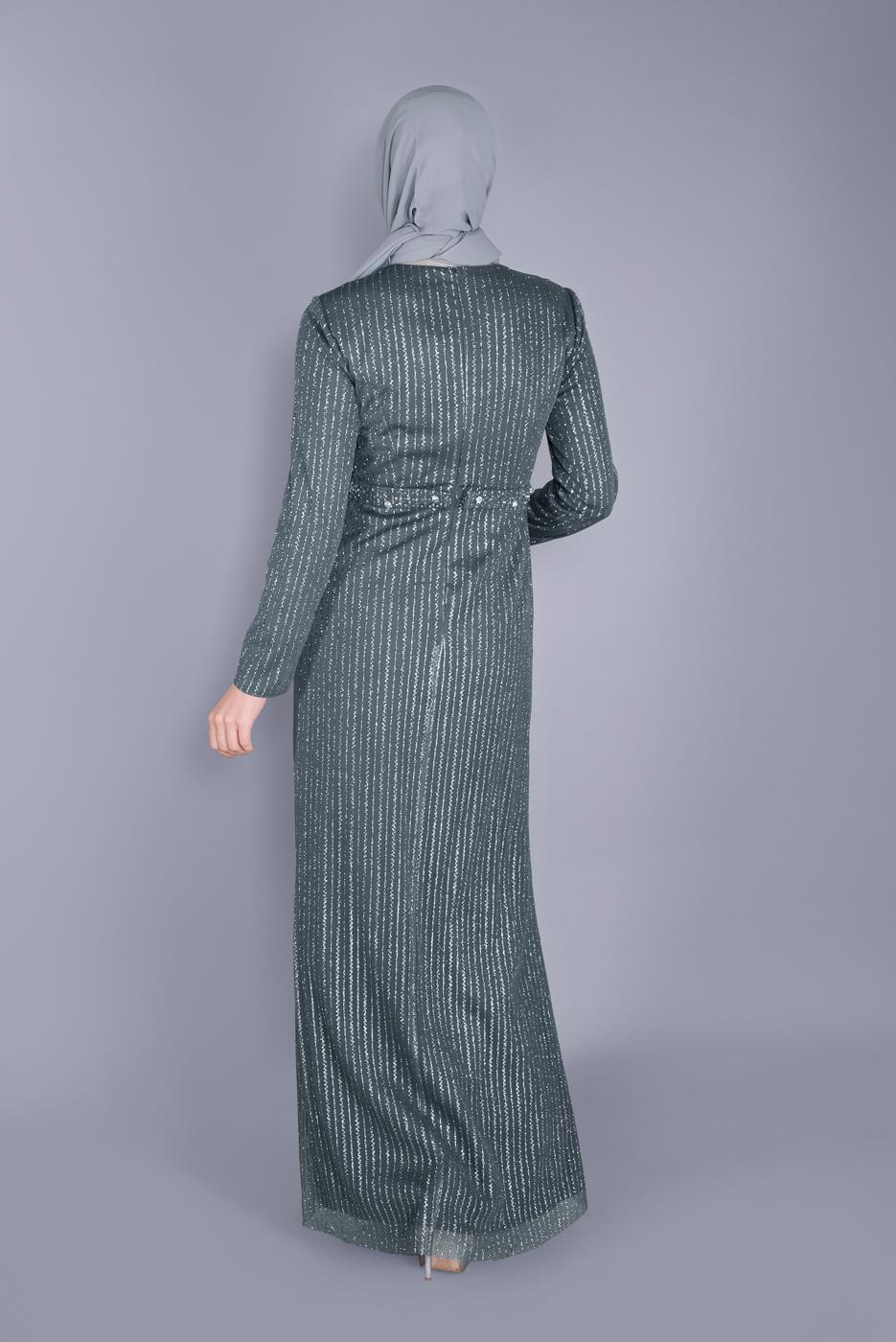 Tesettür giyim GRİ ALVİNA  BONCUK İŞLEME DETAYLI SİM KUMAŞ ABİYE 5617