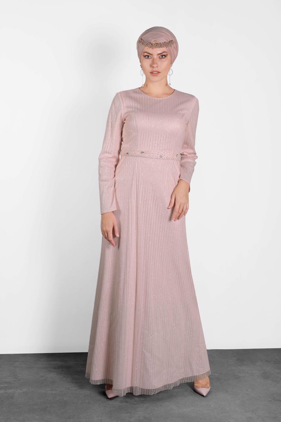 Tesettür giyim PUDRA ALVİNA  BONCUK İŞLEME DETAYLI SİM KUMAŞ ABİYE 5617