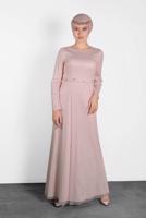 Tesettür giyim PUDRA ALVİNA  BONCUK İŞLEME DETAYLI SİM KUMAŞ ABİYE 5617