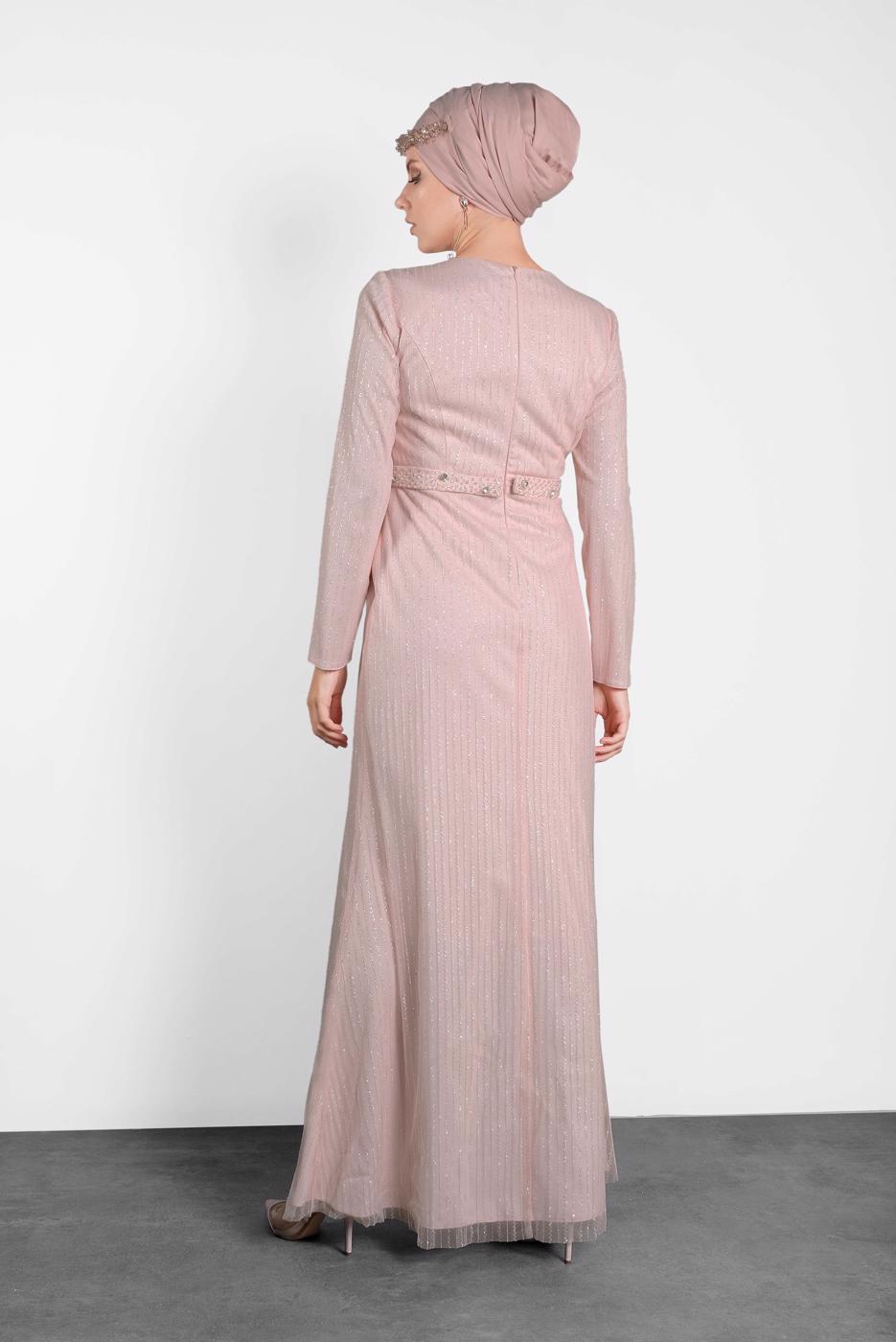 Tesettür giyim PUDRA ALVİNA  BONCUK İŞLEME DETAYLI SİM KUMAŞ ABİYE 5617