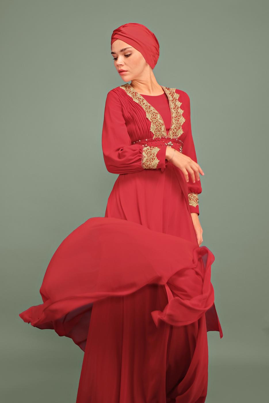 Tesettür giyim BORDO NAKIŞLI İŞLEMELİ ABİYE T 5915 