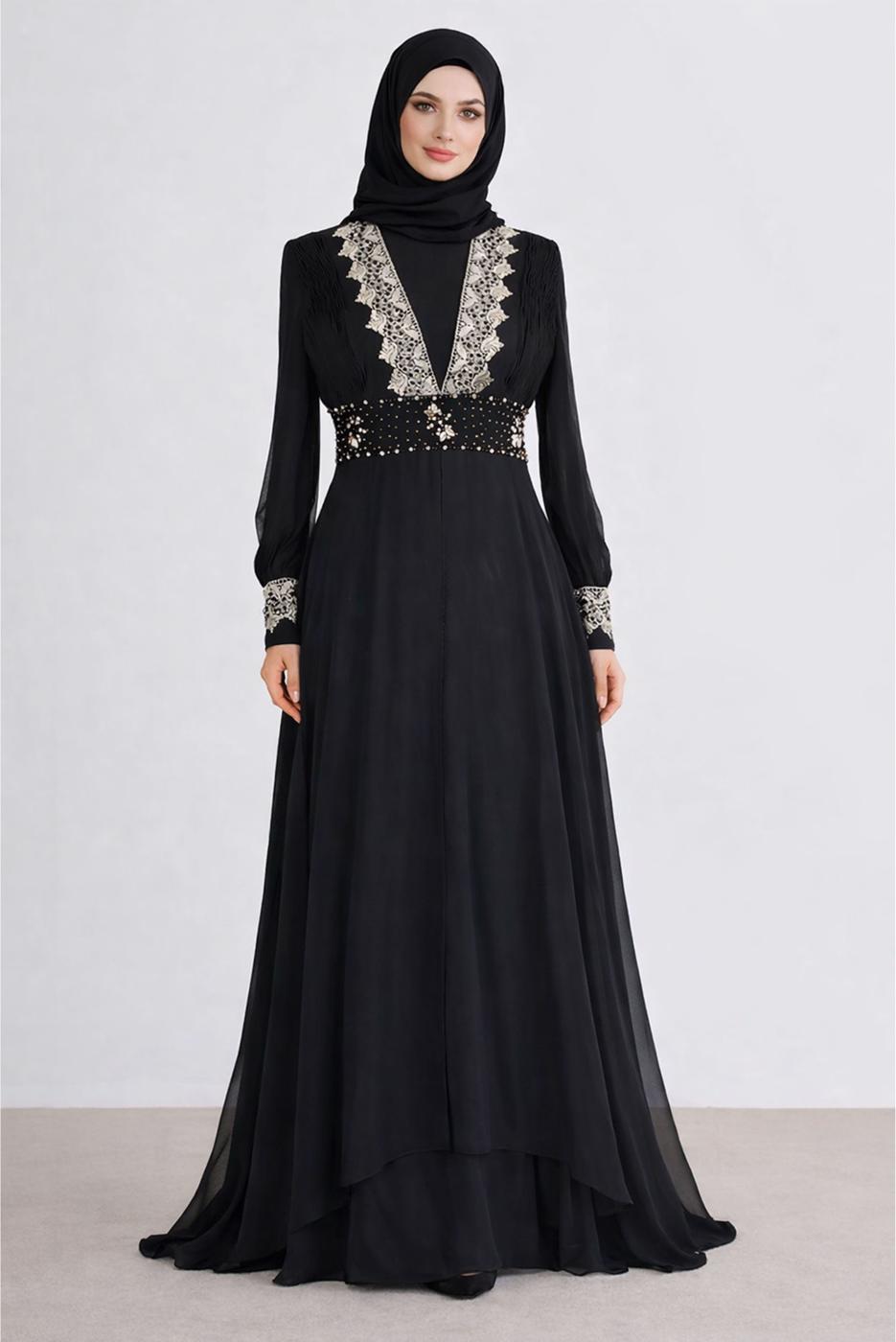 Tesettür giyim SİYAH ALVİNA DANTEL DETAYLI TAŞLI ŞİFON ABİYE T 5916