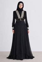 Tesettür giyim SİYAH ALVİNA DANTEL DETAYLI TAŞLI ŞİFON ABİYE T 5916