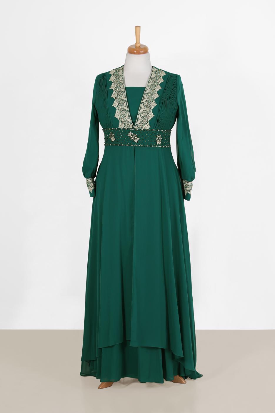 Vêtements hijab VERT ALVINA ROBE DE SOIRÉE EN MOUSSELINE AVEC GEM DETAILS 5916