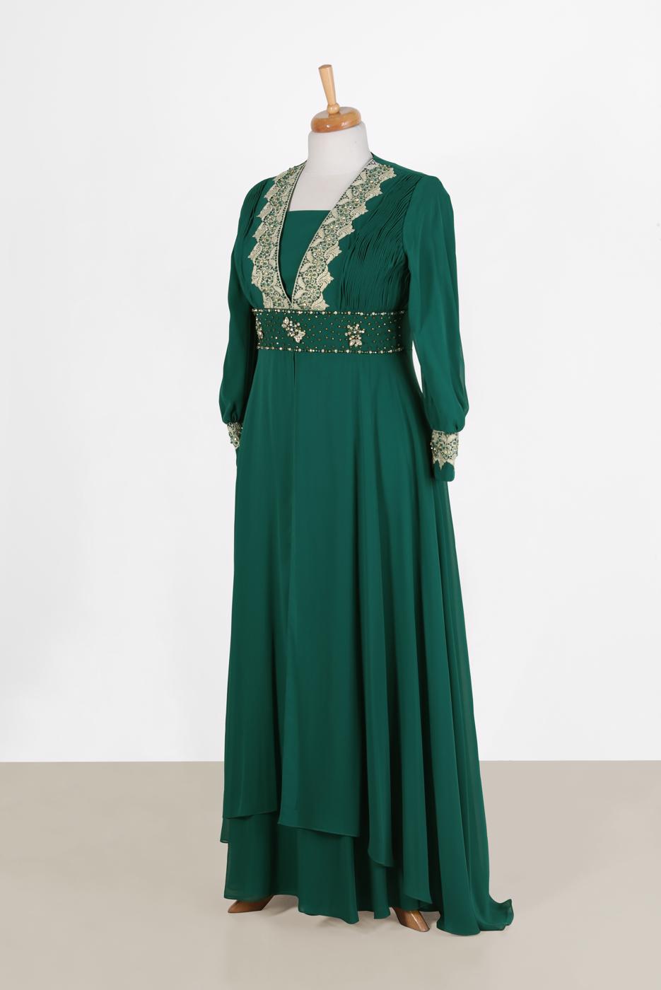 Vêtements hijab VERT ALVINA ROBE DE SOIRÉE EN MOUSSELINE AVEC GEM DETAILS 5916