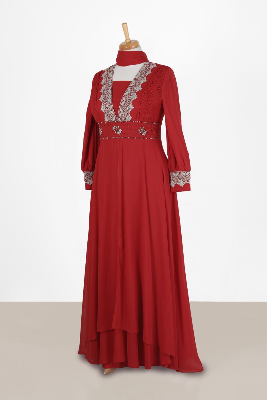 Vêtements hijab ROUGE BORDEAUX ALVINA ROBE DE SOIRÉE EN MOUSSELINE AVEC GEM DETAILS 5916