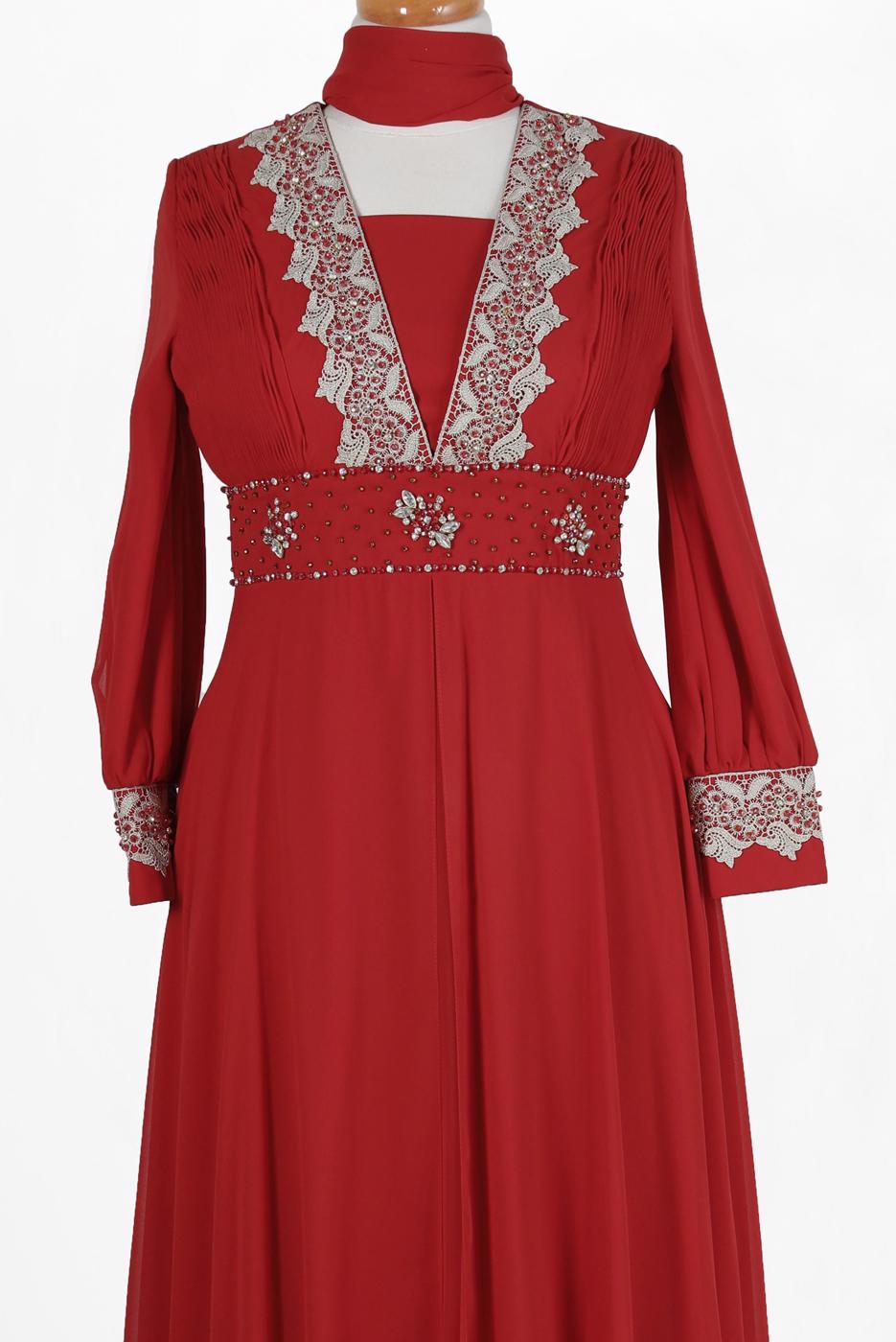 Vêtements hijab ROUGE BORDEAUX ALVINA ROBE DE SOIRÉE EN MOUSSELINE AVEC GEM DETAILS 5916