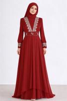 Tesettür giyim BORDO ALVİNA DANTEL DETAYLI TAŞLI ŞİFON ABİYE T 5916