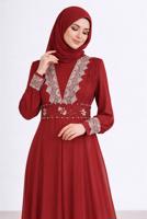 Tesettür giyim BORDO ALVİNA DANTEL DETAYLI TAŞLI ŞİFON ABİYE T 5916