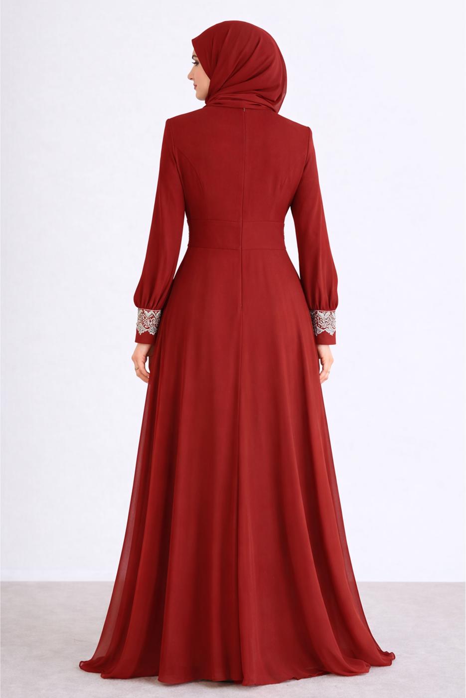 Tesettür giyim BORDO ALVİNA DANTEL DETAYLI TAŞLI ŞİFON ABİYE T 5916