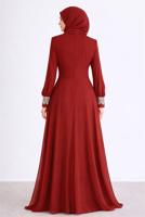 Tesettür giyim BORDO ALVİNA DANTEL DETAYLI TAŞLI ŞİFON ABİYE T 5916