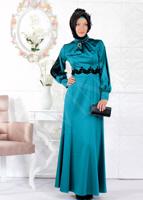 Tesettür giyim MAVİ ALVİNA  SATEN ABİYE ELBİSE  5932 