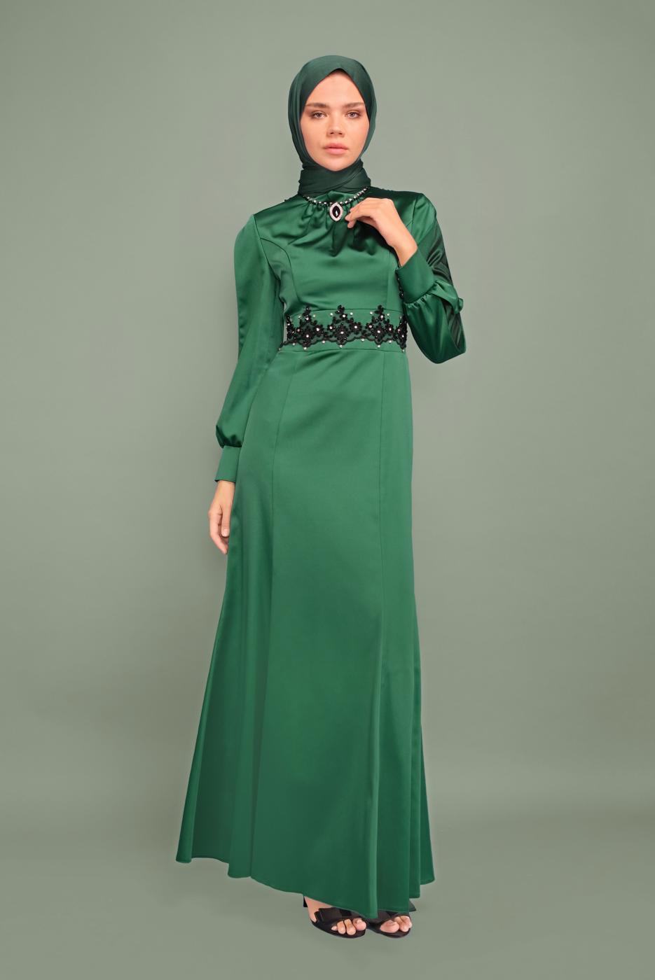Vêtements hijab VERT T 5932 ALVİNA  ALİSSA SATEN ABİYE 38/44 TEK40