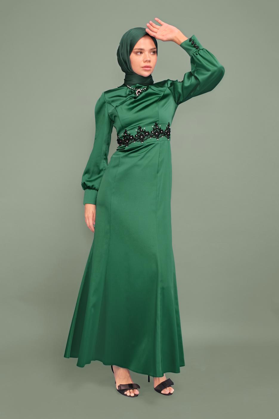 Vêtements hijab VERT T 5932 ALVİNA  ALİSSA SATEN ABİYE 38/44 TEK40