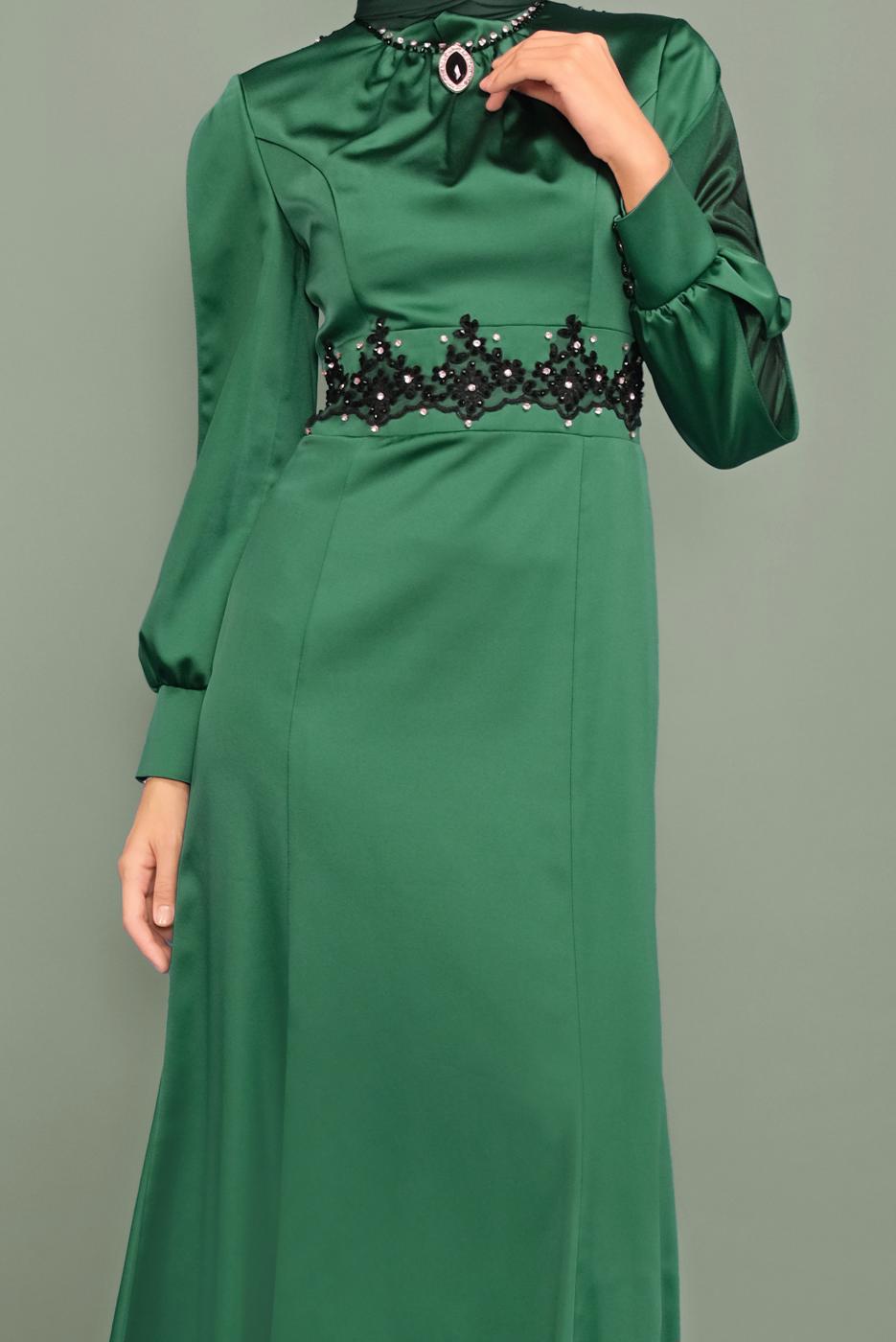 Vêtements hijab VERT T 5932 ALVİNA  ALİSSA SATEN ABİYE 38/44 TEK40