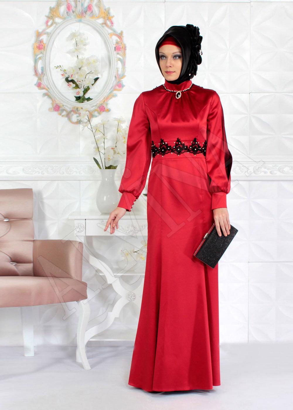 Tesettür giyim KIRMIZI ALVİNA  SATEN ABİYE ELBİSE  5932 