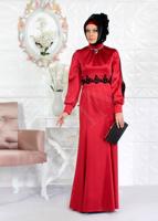Tesettür giyim KIRMIZI ALVİNA  SATEN ABİYE ELBİSE  5932 