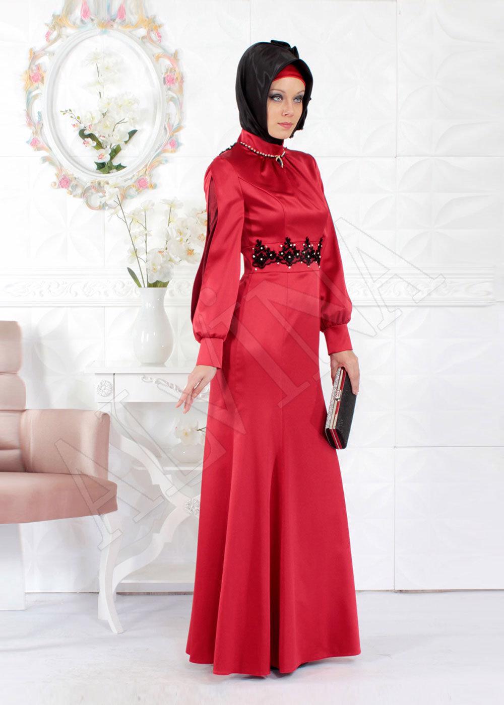 Tesettür giyim KIRMIZI ALVİNA  SATEN ABİYE ELBİSE  5932 