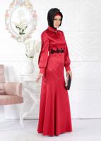 Tesettür giyim KIRMIZI ALVİNA  SATEN ABİYE ELBİSE  5932 