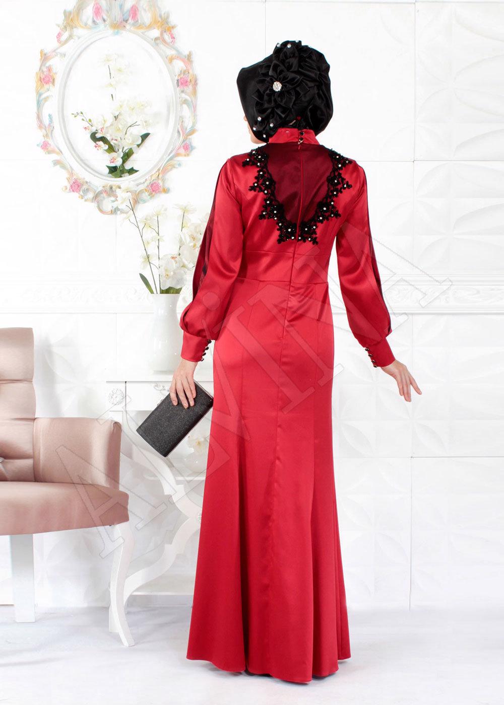 Tesettür giyim KIRMIZI ALVİNA  SATEN ABİYE ELBİSE  5932 