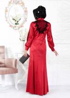 Tesettür giyim KIRMIZI ALVİNA  SATEN ABİYE ELBİSE  5932 