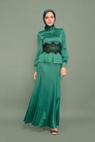 Tesettür giyim YEŞİL ALVİNA  DANTELLİ BONCUKLU SATEN ABİYE ELBİSE 5933 