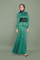 Tesettür giyim YEŞİL ALVİNA  DANTELLİ BONCUKLU SATEN ABİYE ELBİSE 5933 