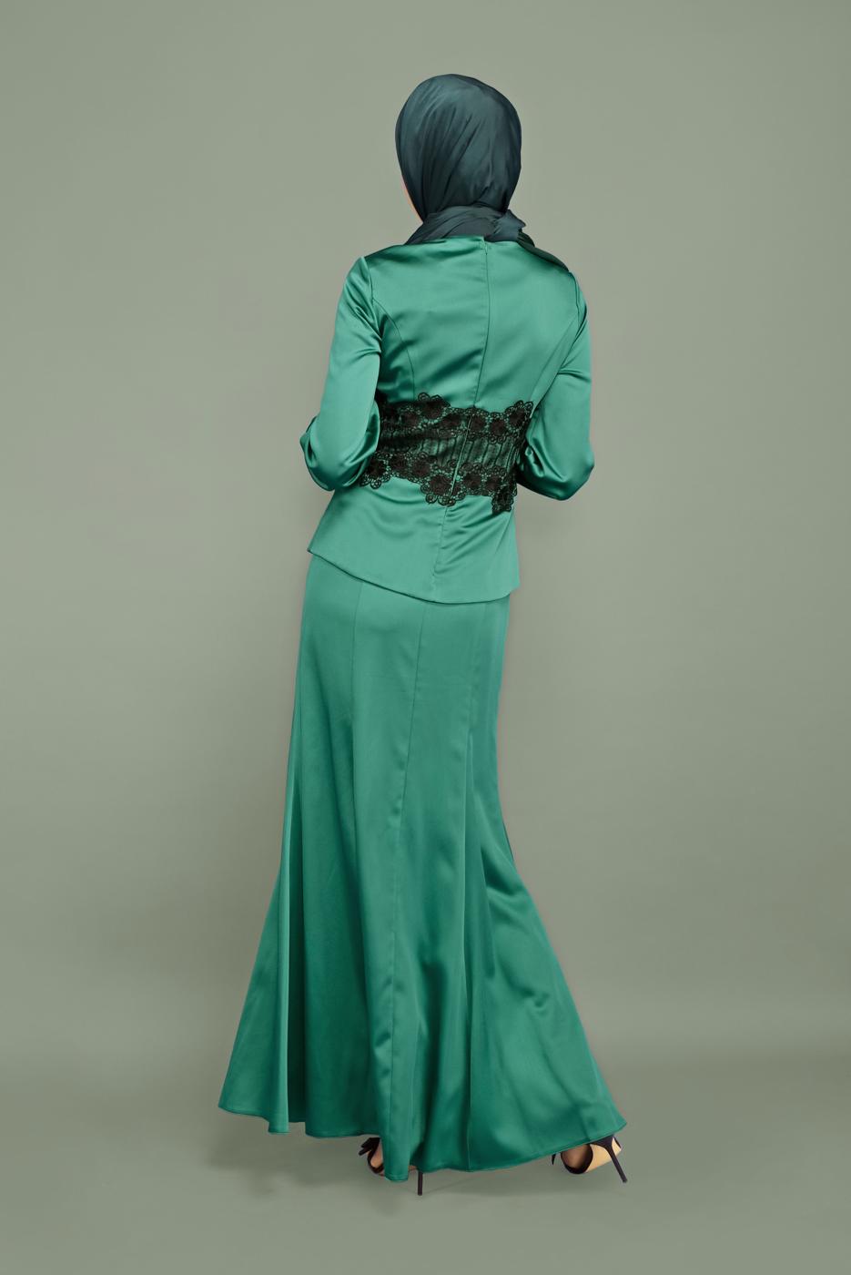 Tesettür giyim YEŞİL ALVİNA  DANTELLİ BONCUKLU SATEN ABİYE ELBİSE 5933 