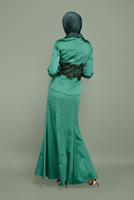 Tesettür giyim YEŞİL ALVİNA  DANTELLİ BONCUKLU SATEN ABİYE ELBİSE 5933 