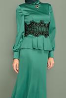 Tesettür giyim YEŞİL ALVİNA  DANTELLİ BONCUKLU SATEN ABİYE ELBİSE 5933 
