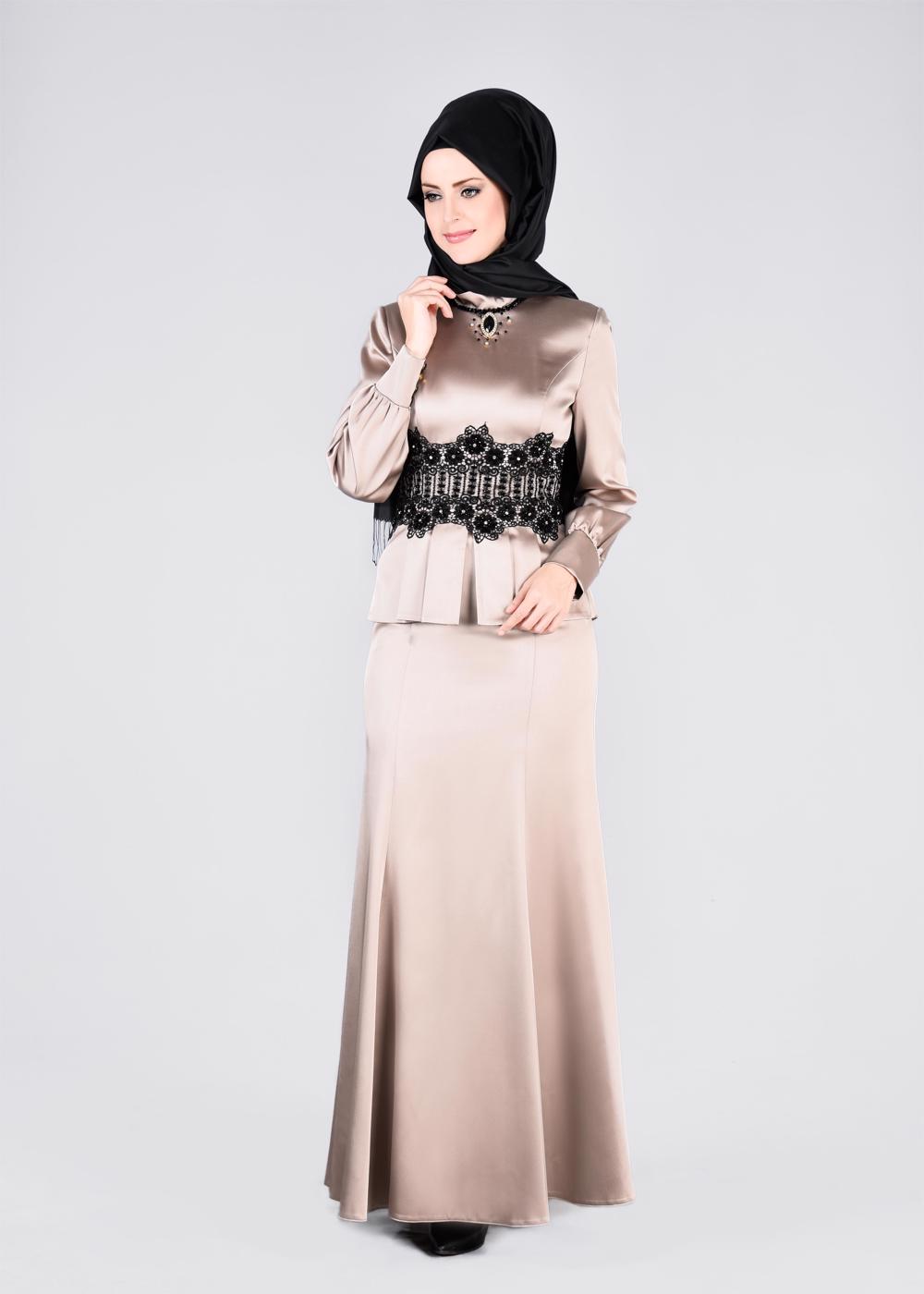 Tesettür giyim BEJ ALVİNA  DANTELLİ BONCUKLU SATEN ABİYE ELBİSE 5933 