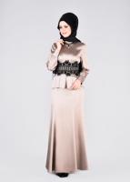 Tesettür giyim BEJ ALVİNA  DANTELLİ BONCUKLU SATEN ABİYE ELBİSE 5933 