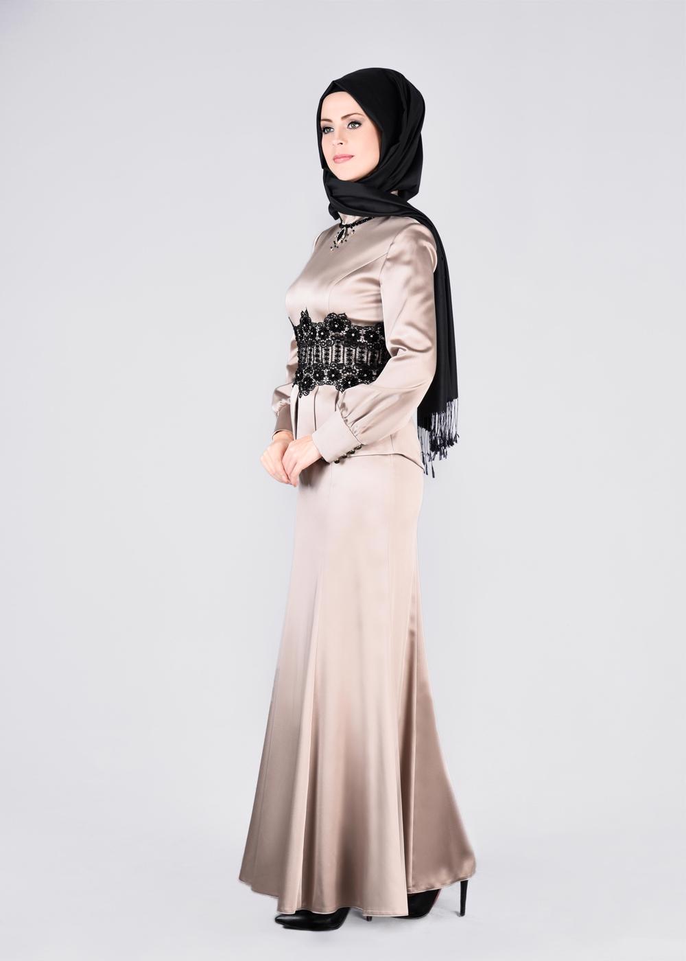 Tesettür giyim BEJ ALVİNA  DANTELLİ BONCUKLU SATEN ABİYE ELBİSE 5933 
