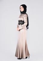 Tesettür giyim BEJ ALVİNA  DANTELLİ BONCUKLU SATEN ABİYE ELBİSE 5933 