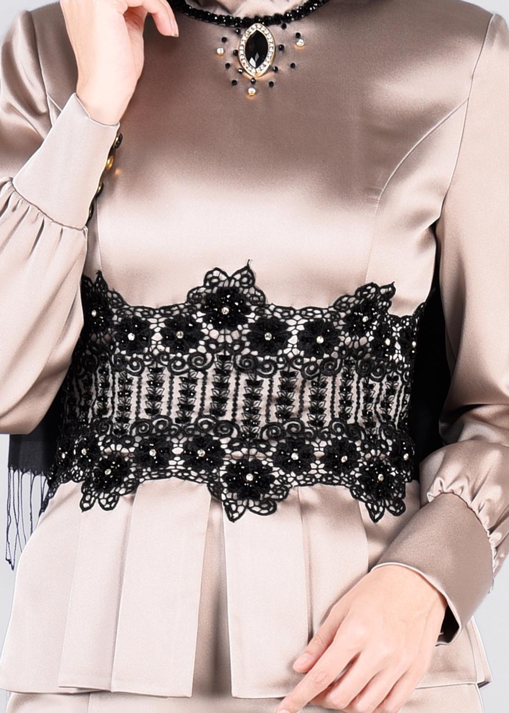 Tesettür giyim BEJ ALVİNA  DANTELLİ BONCUKLU SATEN ABİYE ELBİSE 5933 