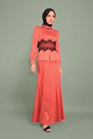 Tesettür giyim MERCAN ALVİNA  DANTELLİ BONCUKLU SATEN ABİYE ELBİSE 5933 