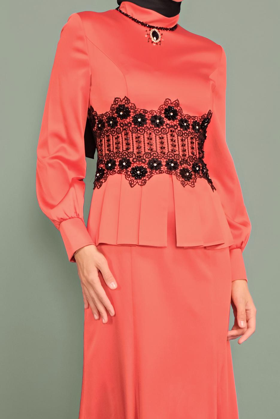 Tesettür giyim MERCAN ALVİNA  DANTELLİ BONCUKLU SATEN ABİYE ELBİSE 5933 