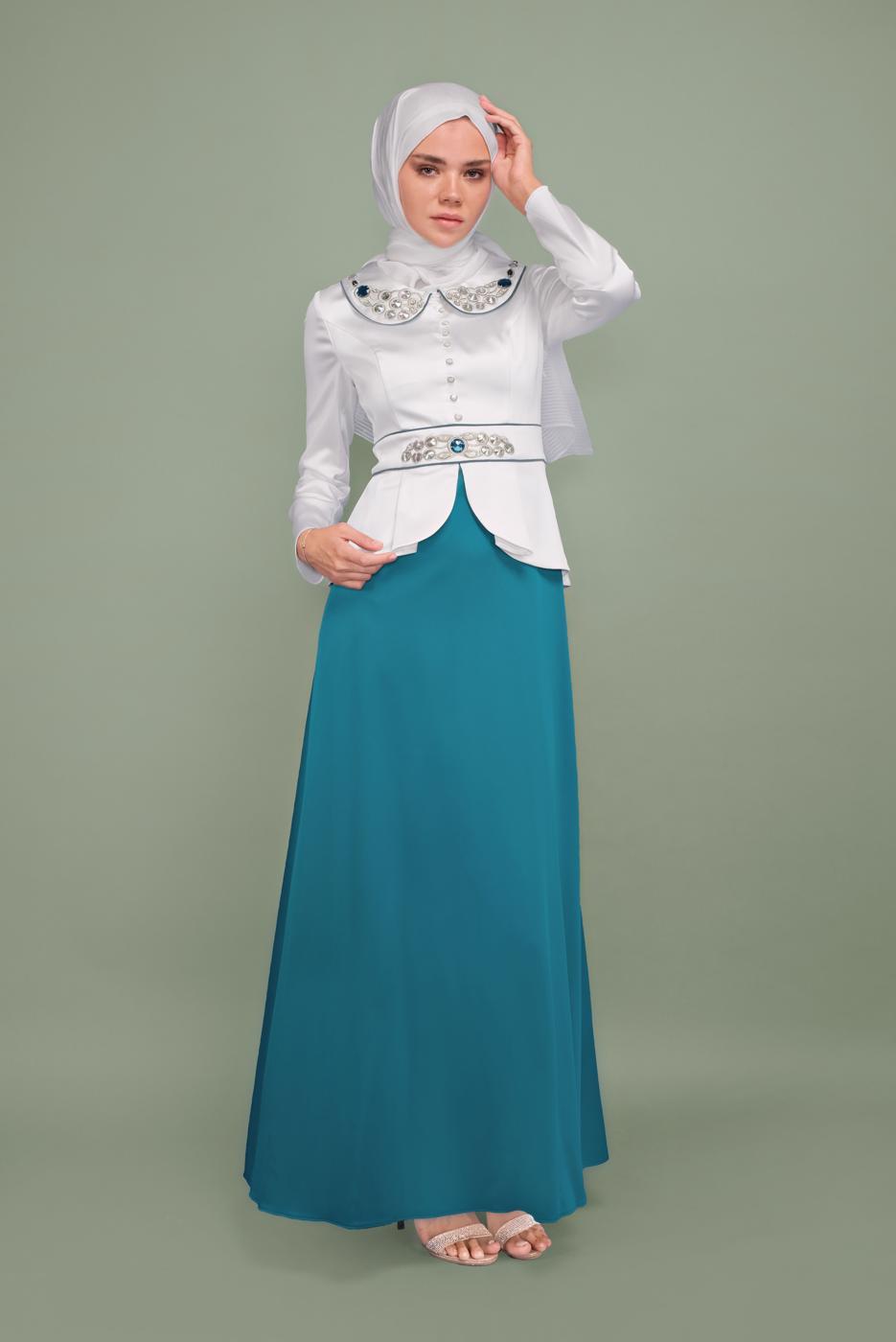 Tesettür giyim MAVİ BEBE YAKA İŞLEMELİ ABİYE T 5938