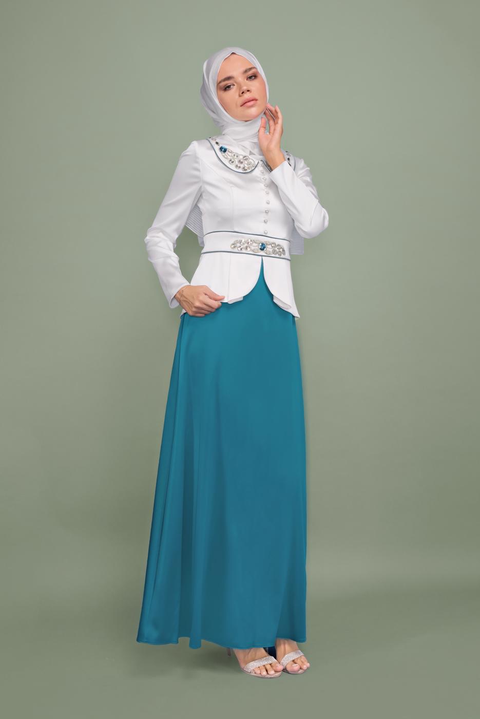 Tesettür giyim MAVİ BEBE YAKA İŞLEMELİ ABİYE T 5938